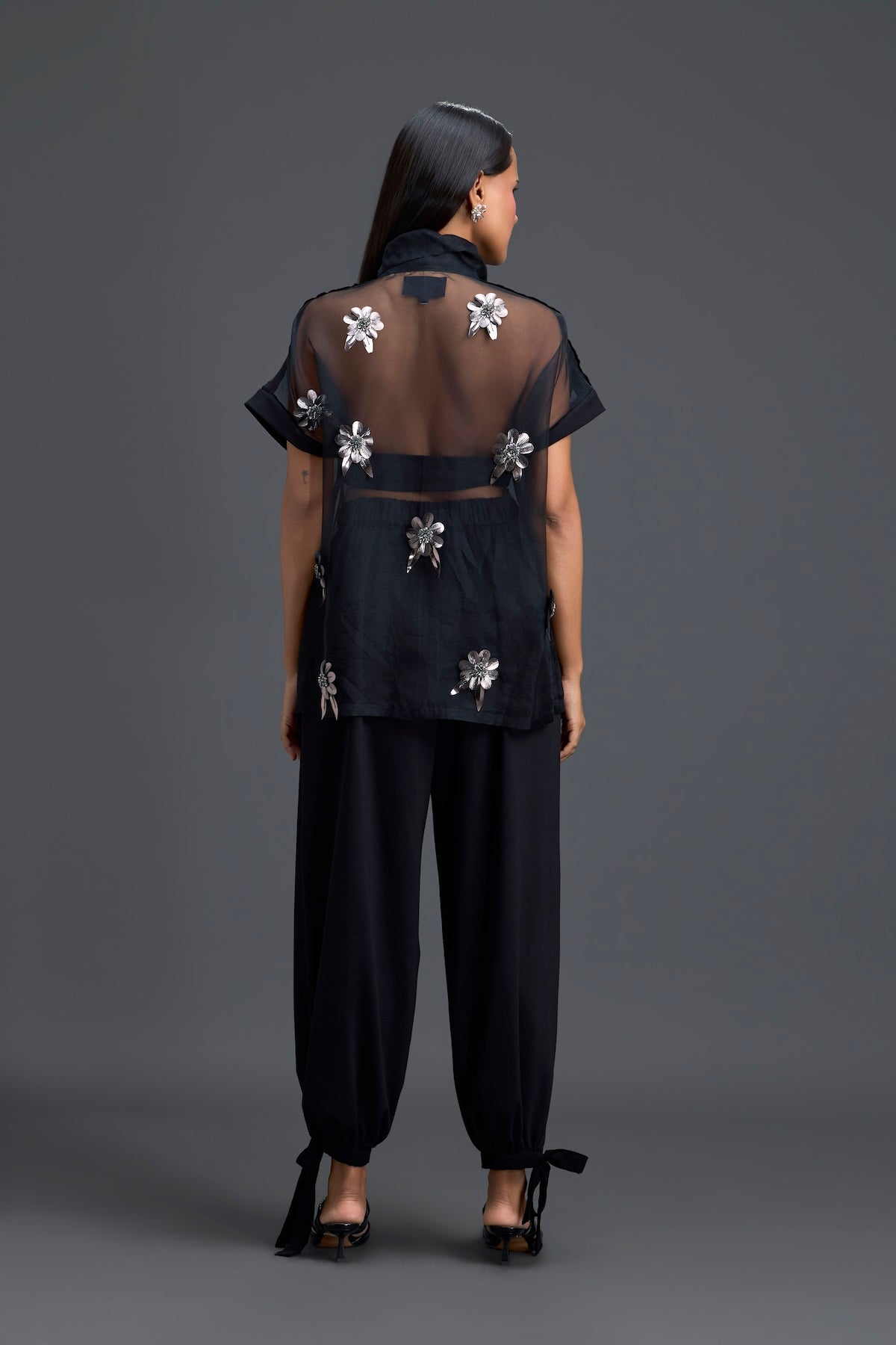 Black Sheer Floral Top and Black Pants Set