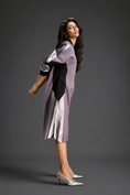 Load image into Gallery viewer, Statement Colourblock Midi Dress In Ash Pink With Contrast Metallic Silver Side Panels And Balloon Sleeves
