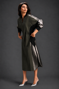 Load image into Gallery viewer, Statement Colourblock Midi Dress In Dark Green With Contrast Metallic Silver Side Panels And Balloon Sleeves
