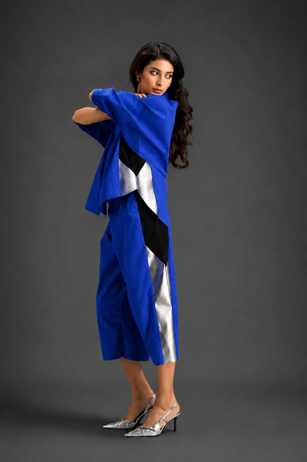 Relaxed Blue Co-ord With Loose-fit Dramatic-sleeve Shirt And Wide-leg Pants With Metallic Side Panels.