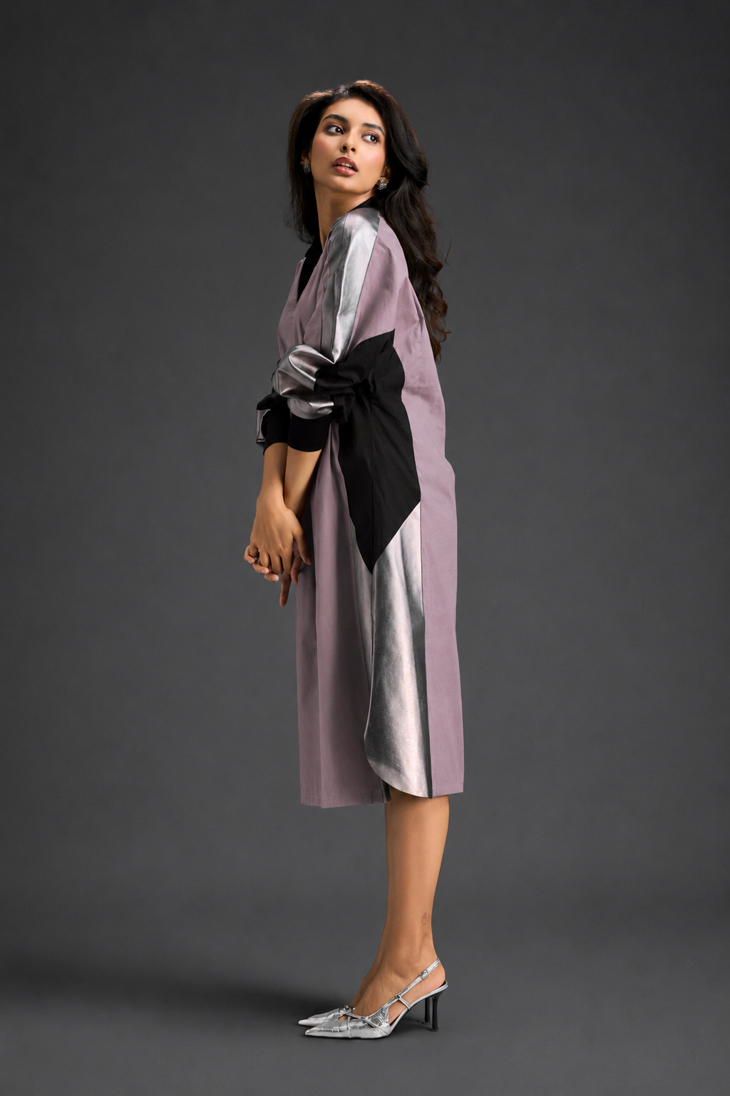 Statement Colourblock Midi Dress In Ash Pink With Contrast Metallic Silver Side Panels And Balloon Sleeves