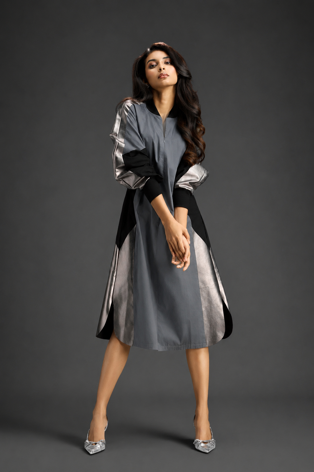 Statement Colourblock Midi Dress In Cool Grey With Contrast Metallic Silver Side Panels And Balloon Sleeves