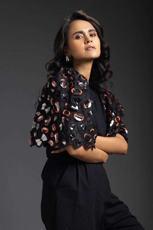 Black Playsuit With Neon Metallic Sleeve Detail And Belt