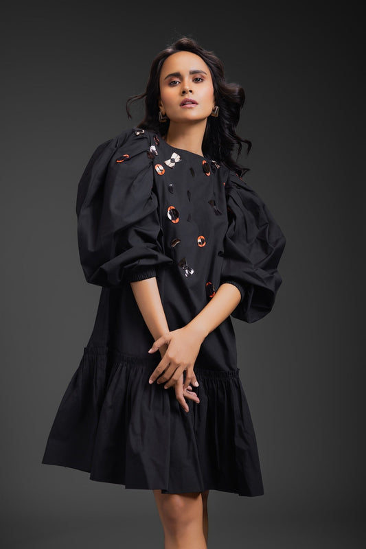 Black Cotton Dress With Neon Metallic Detailing