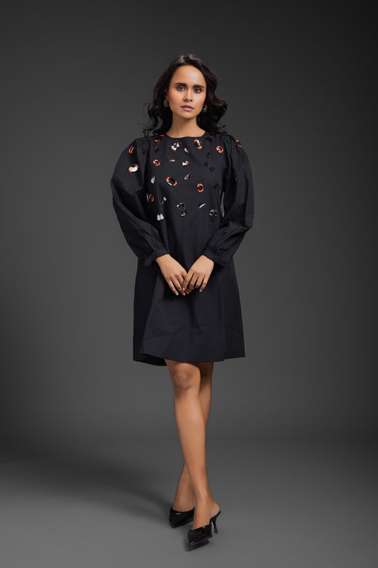 Black Cotton Dress With Neon Metallic Detailing