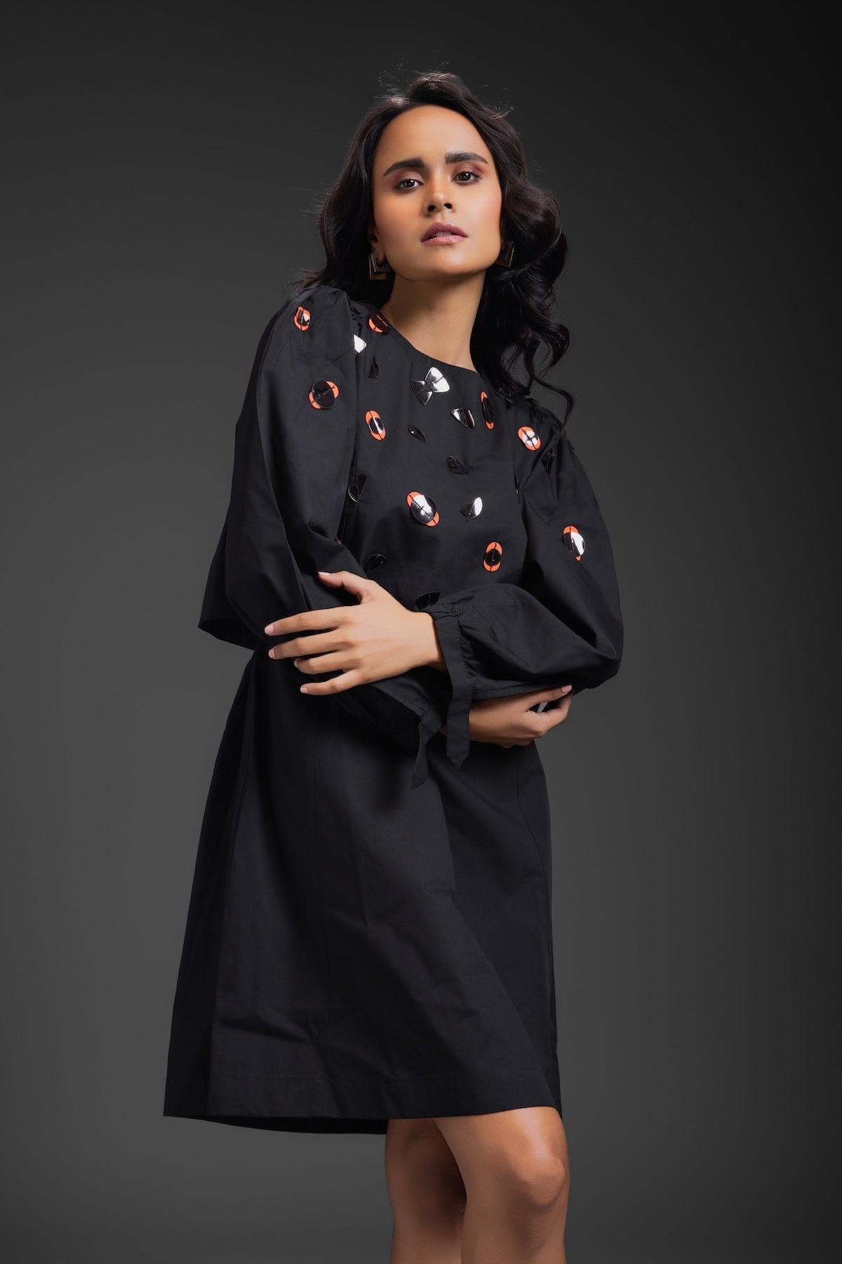 Black Cotton Dress With Neon Metallic Detailing 2XL / Black / 100% Cotton
