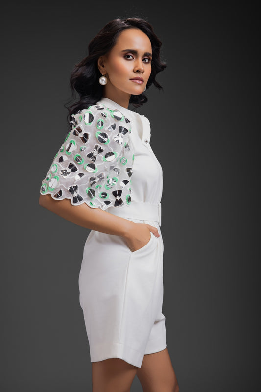 White Playsuit With Neon Metallic Sleeve Detail And Belt