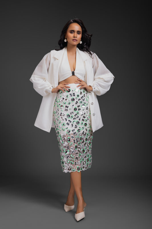 White Blazer With Organza Skirt