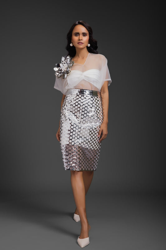 White Sheer Top With Silver Skirt