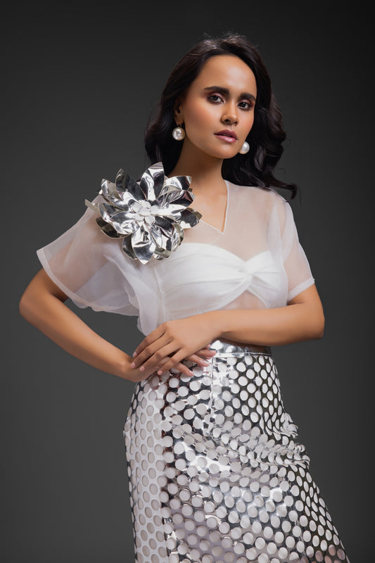 White Sheer Top With Silver Skirt