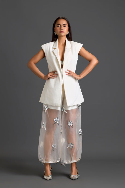 White Blazer Shorts and Floral Organza Pants Set