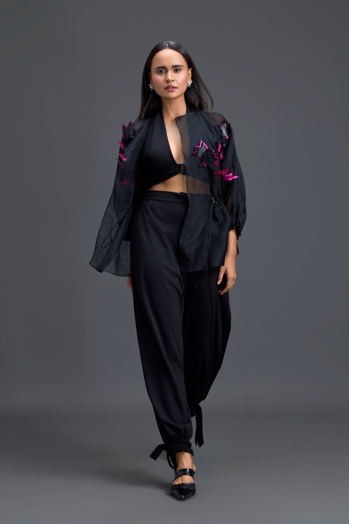 Black Sheer Pink Floral Blouse and Tapered Pants Set
