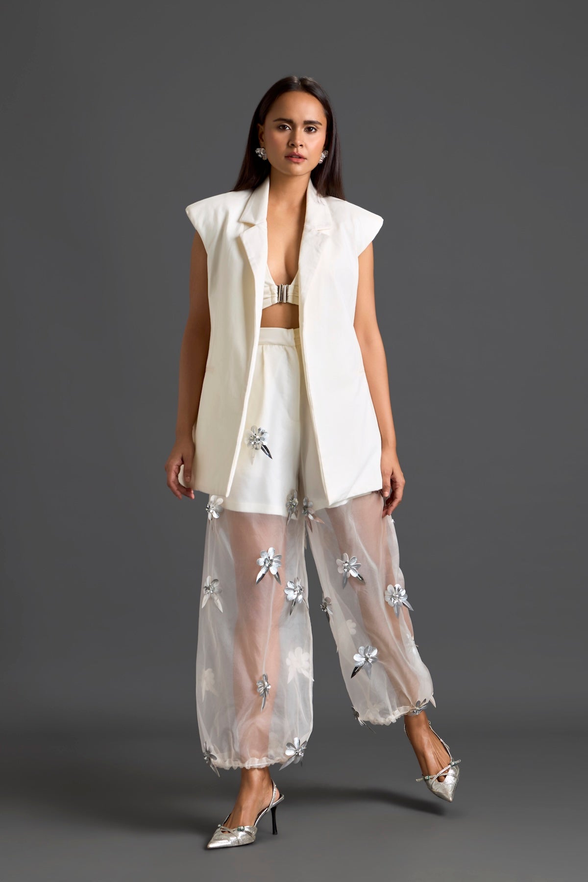 White Blazer Shorts and Floral Organza Pants Set