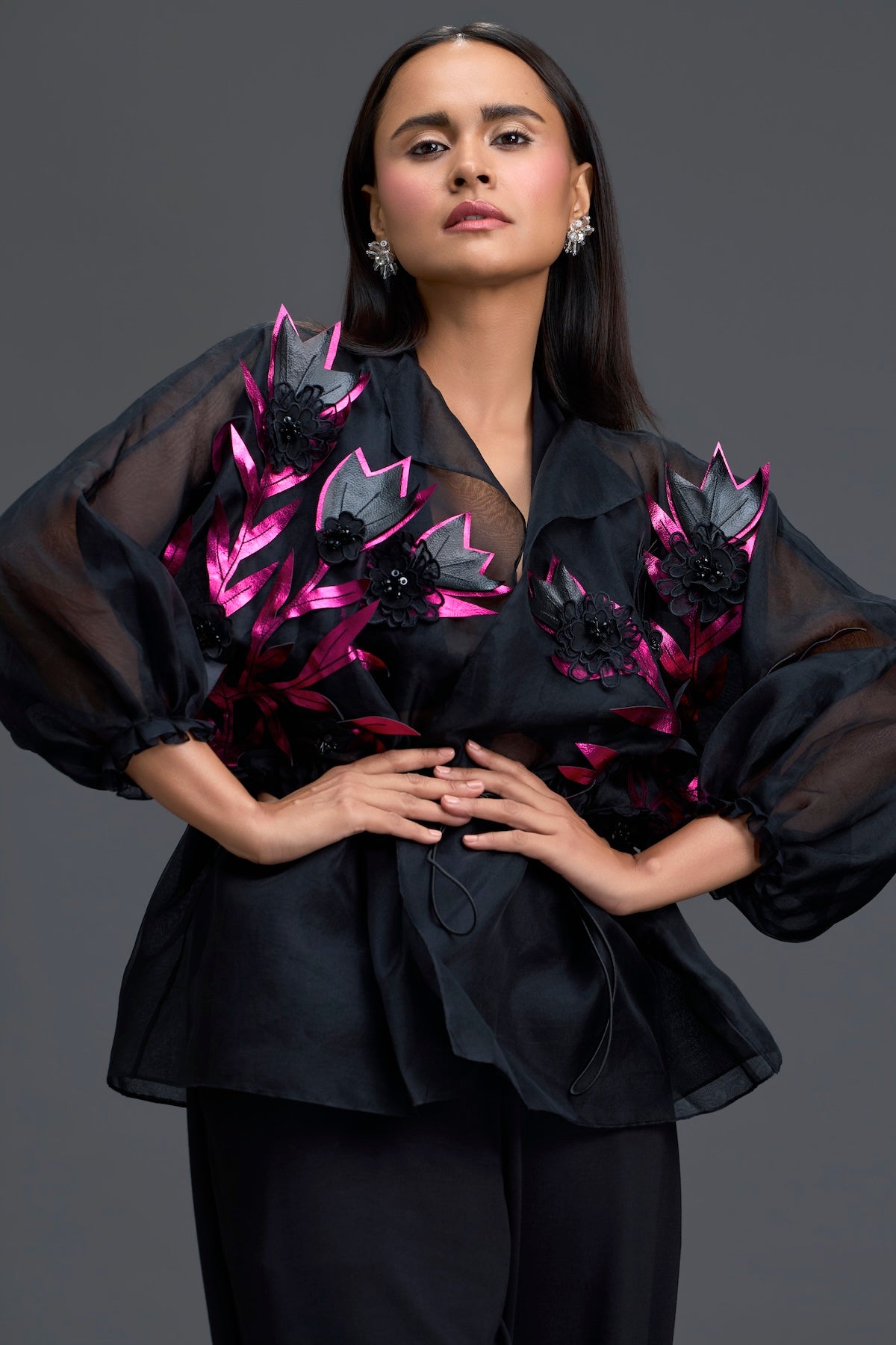Black Sheer Pink Floral Blouse and Tapered Pants Set
