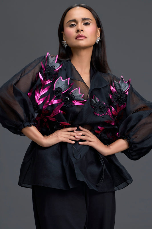 Sheer Black Blouse with Pink Florals