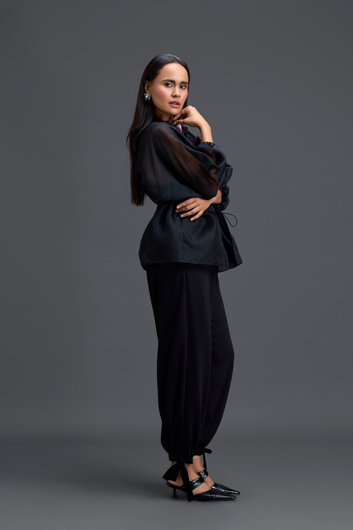 Black Sheer Pink Floral Blouse and Tapered Pants Set