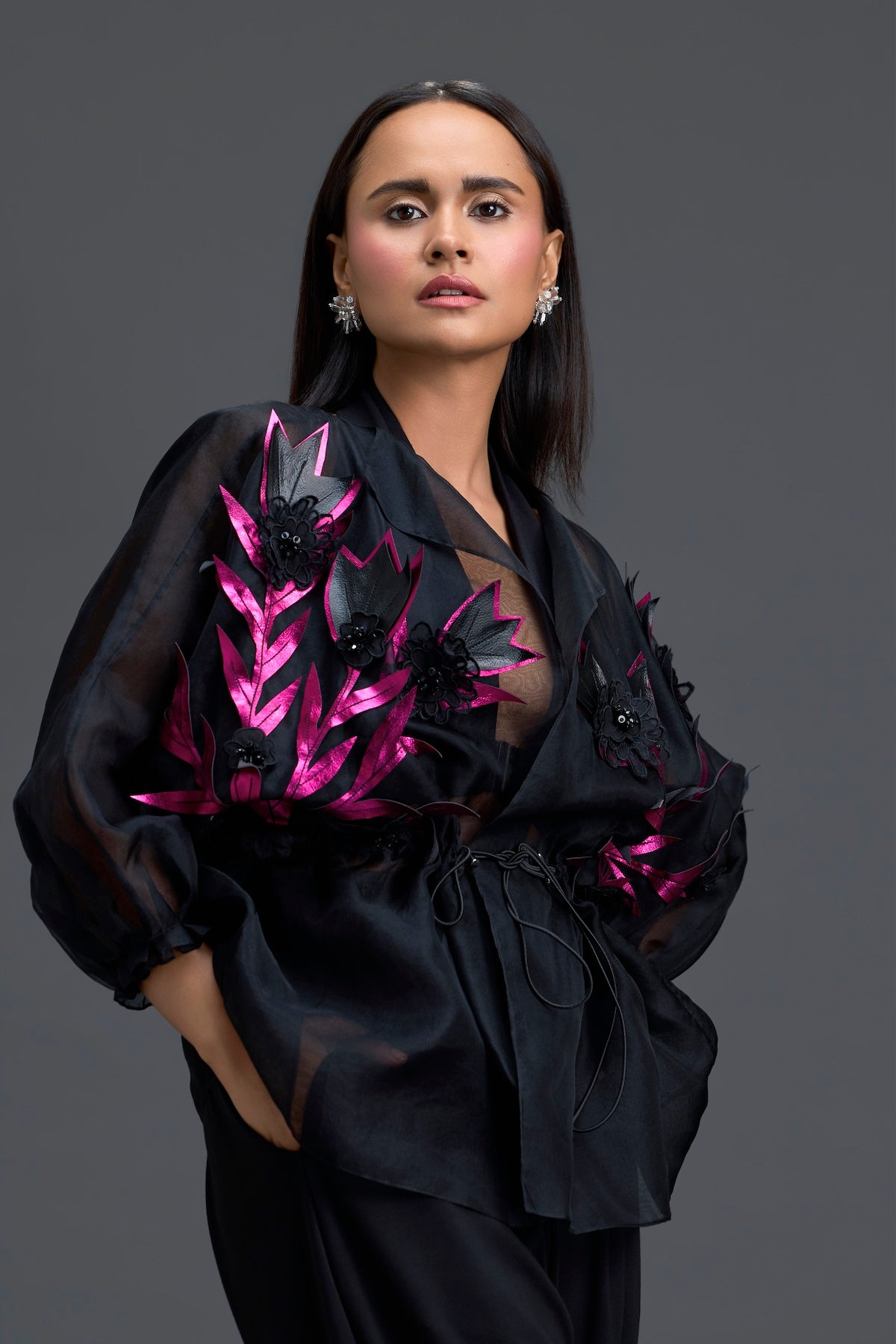 Black Sheer Pink Floral Blouse and Tapered Pants Set
