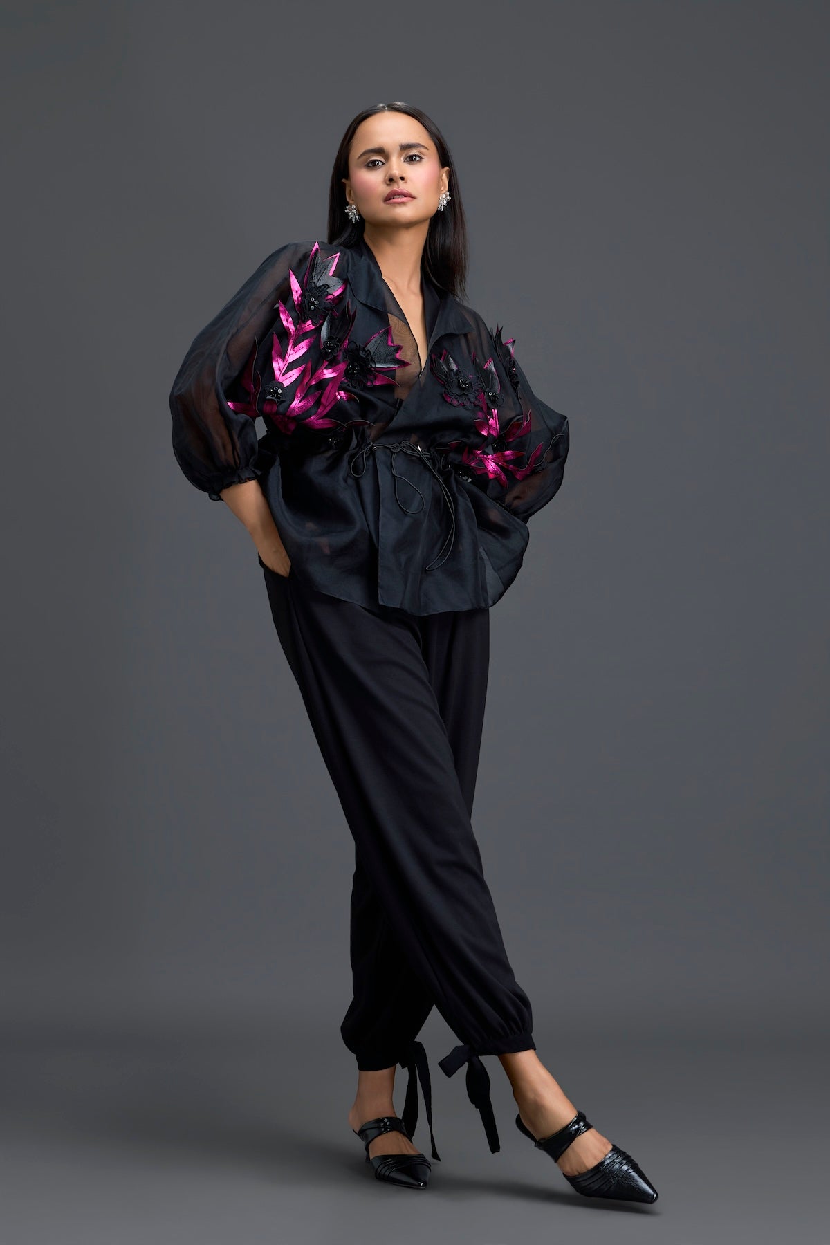 Black Sheer Pink Floral Blouse and Tapered Pants Set