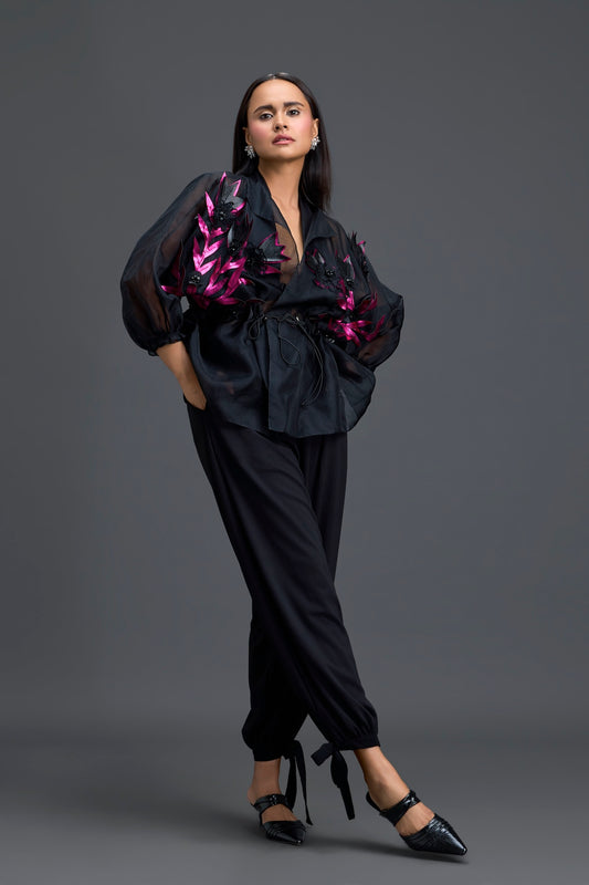 Black Sheer Pink Floral Blouse and Tapered Pants Set