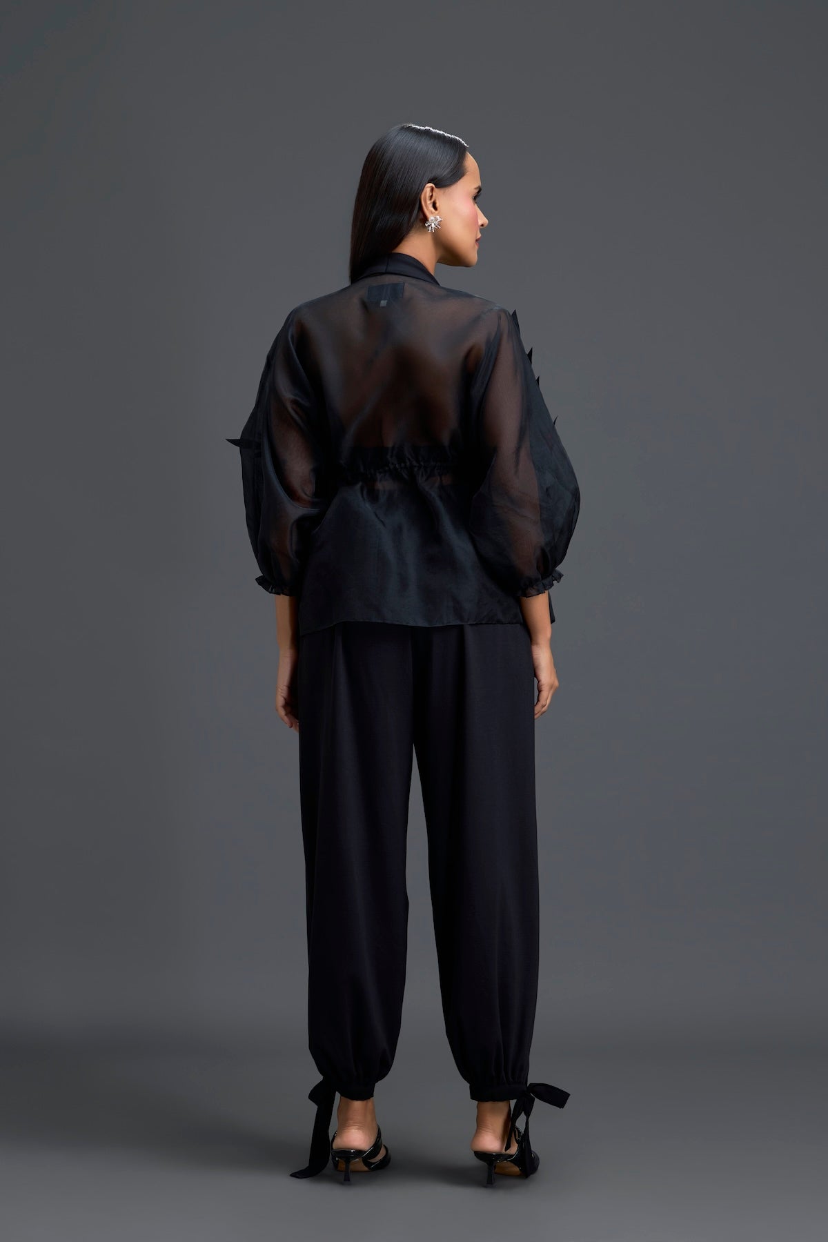 Black Sheer Pink Floral Blouse and Tapered Pants Set