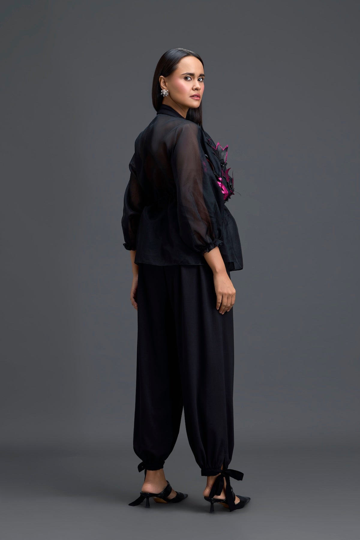 Black Sheer Pink Floral Blouse and Tapered Pants Set