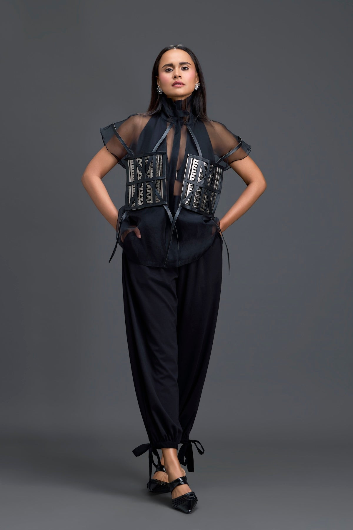 Black Sheer Structured Top and White Tapered Pants Set