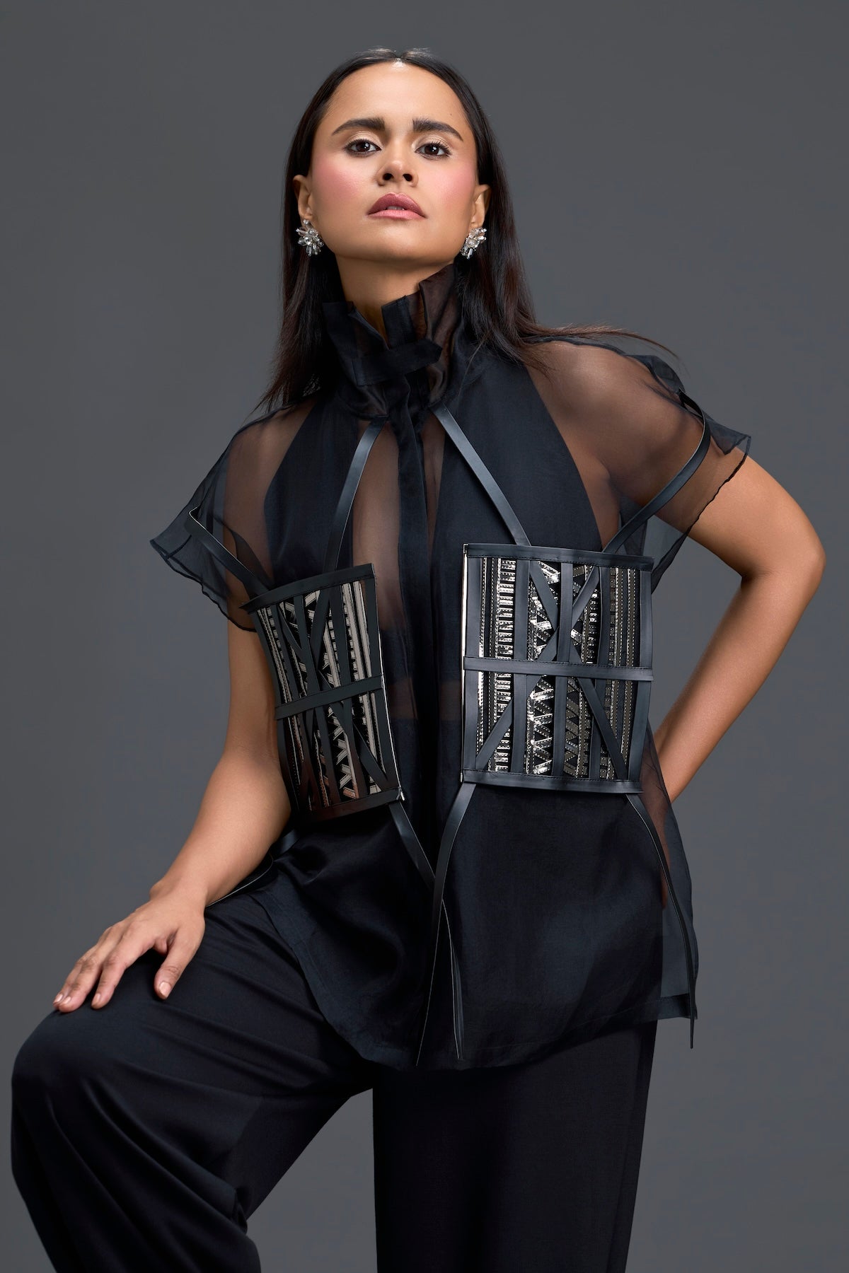 Black Sheer Structured Top and White Tapered Pants Set