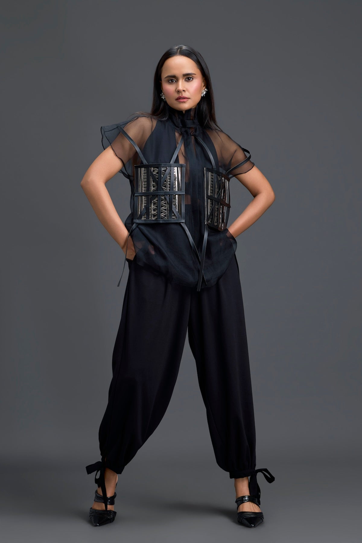 Black Sheer Structured Top and White Tapered Pants Set