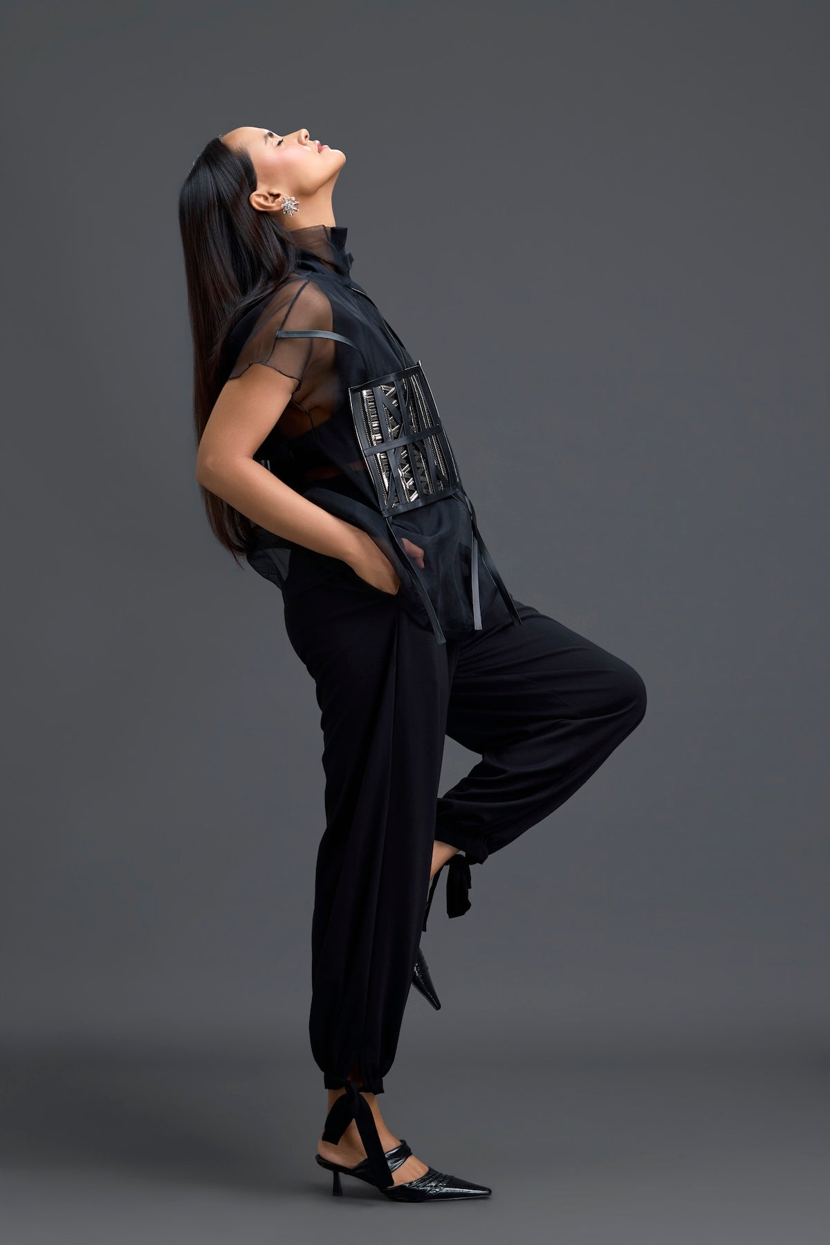 Black Sheer Structured Top and White Tapered Pants Set
