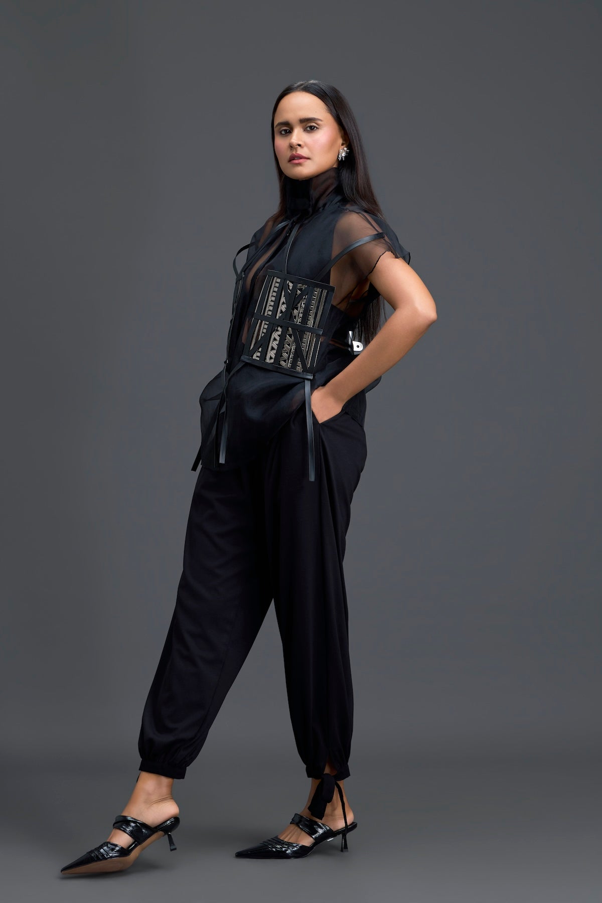 Black Sheer Structured Top and White Tapered Pants Set