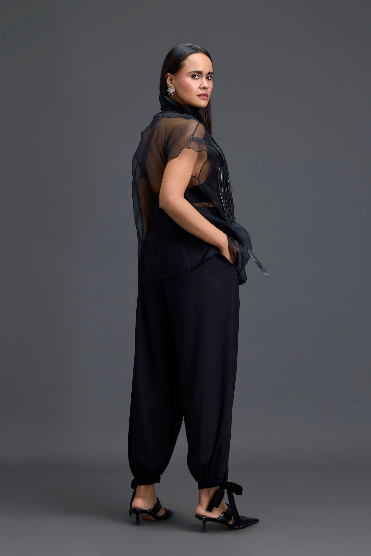 Black Sheer Structured Top and White Tapered Pants Set