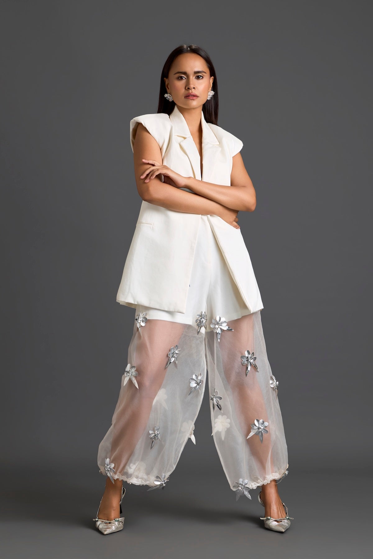 White Floral Organza Pants with Embellished Bow Belt