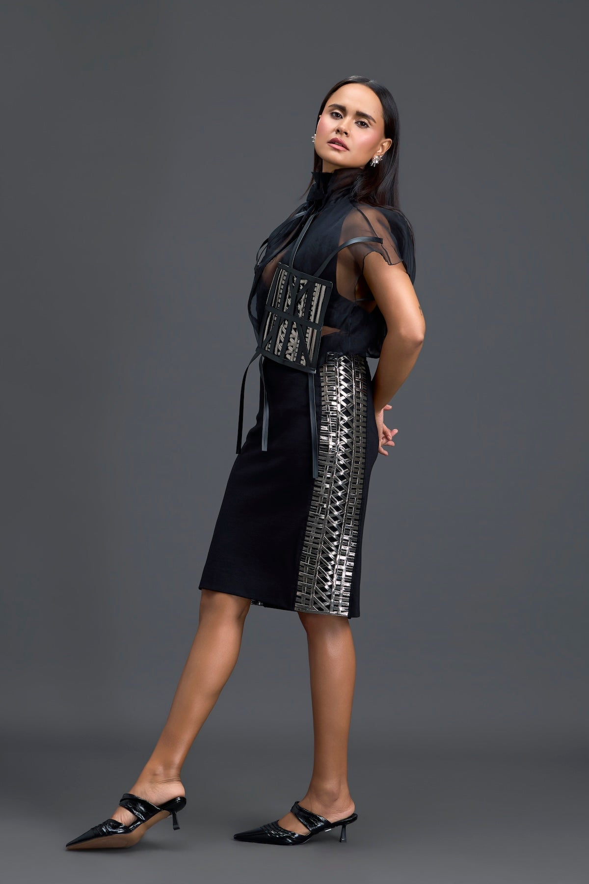 Black Sheer Structured Top and Pencil Skirt Set