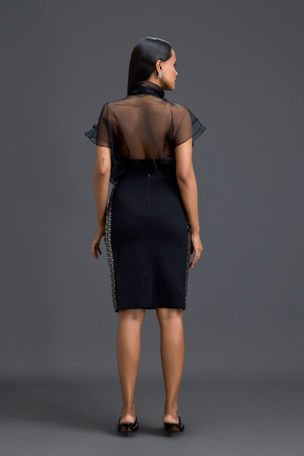 Black Sheer Structured Top and Pencil Skirt Set