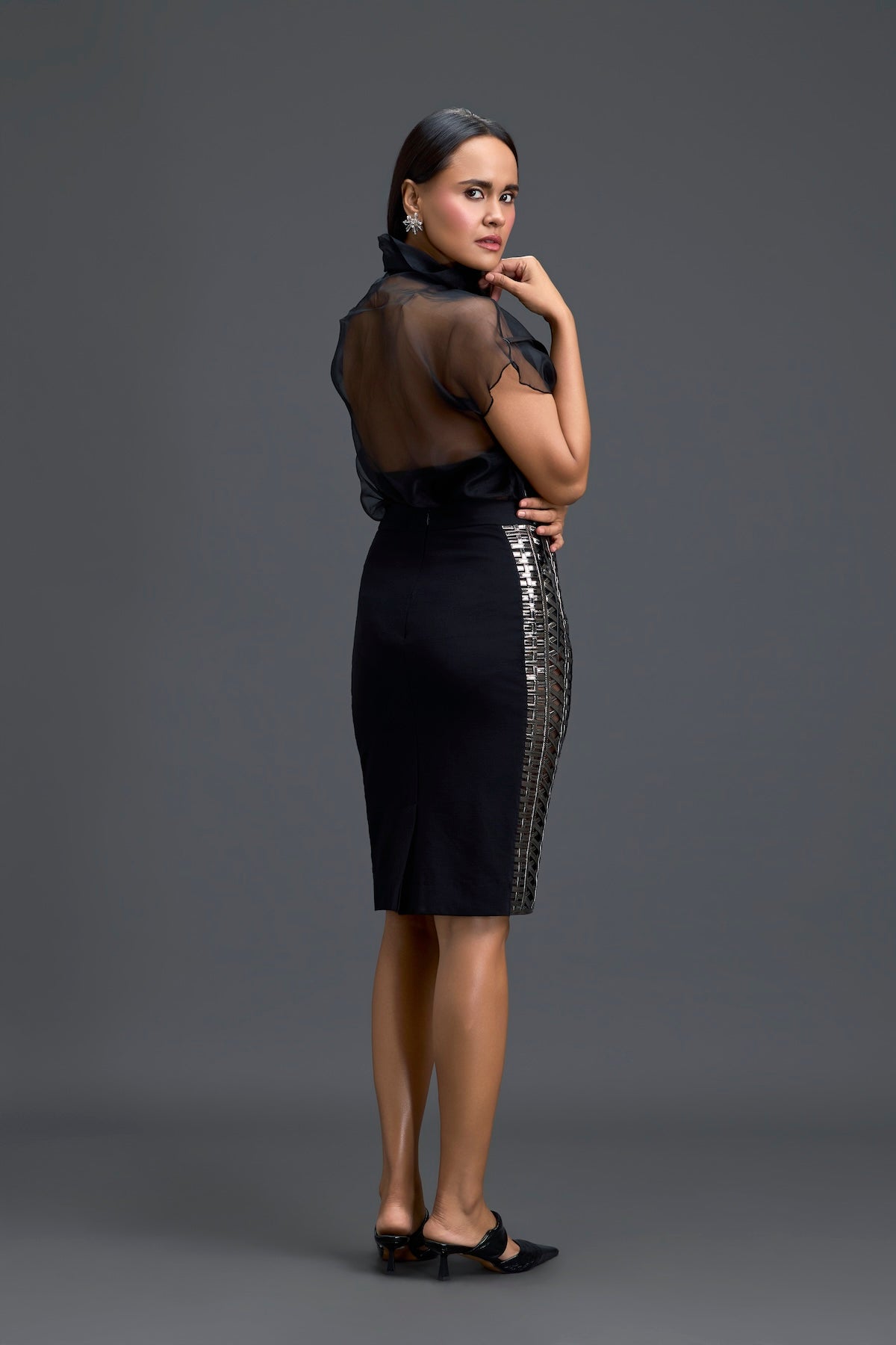 Black Sheer Structured Top and Pencil Skirt Set