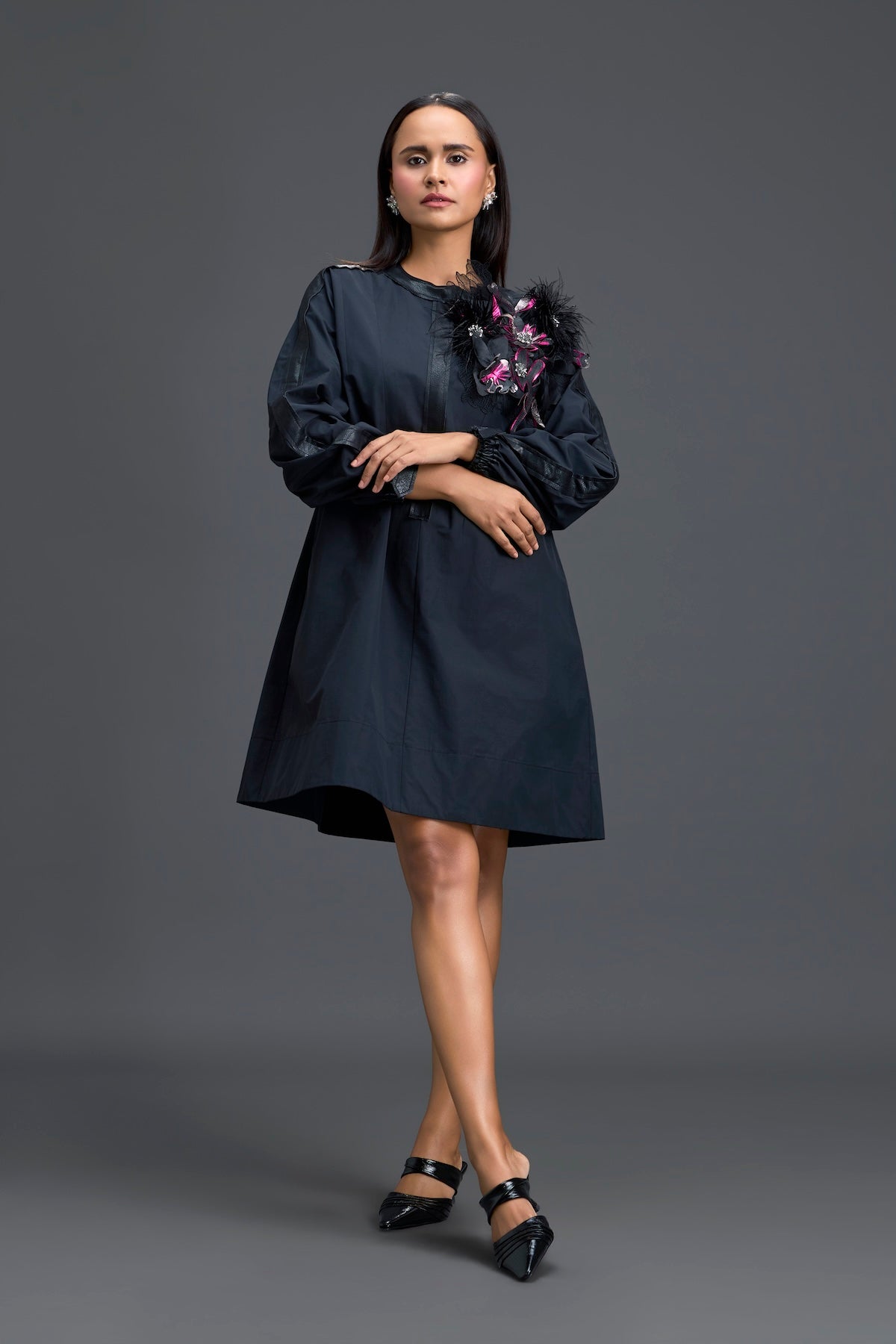 Black Feather Crystal Shoulder Detail Dress