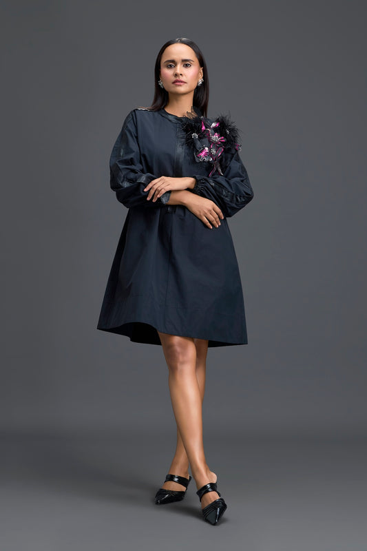 Black Feather Crystal Shoulder Detail Dress