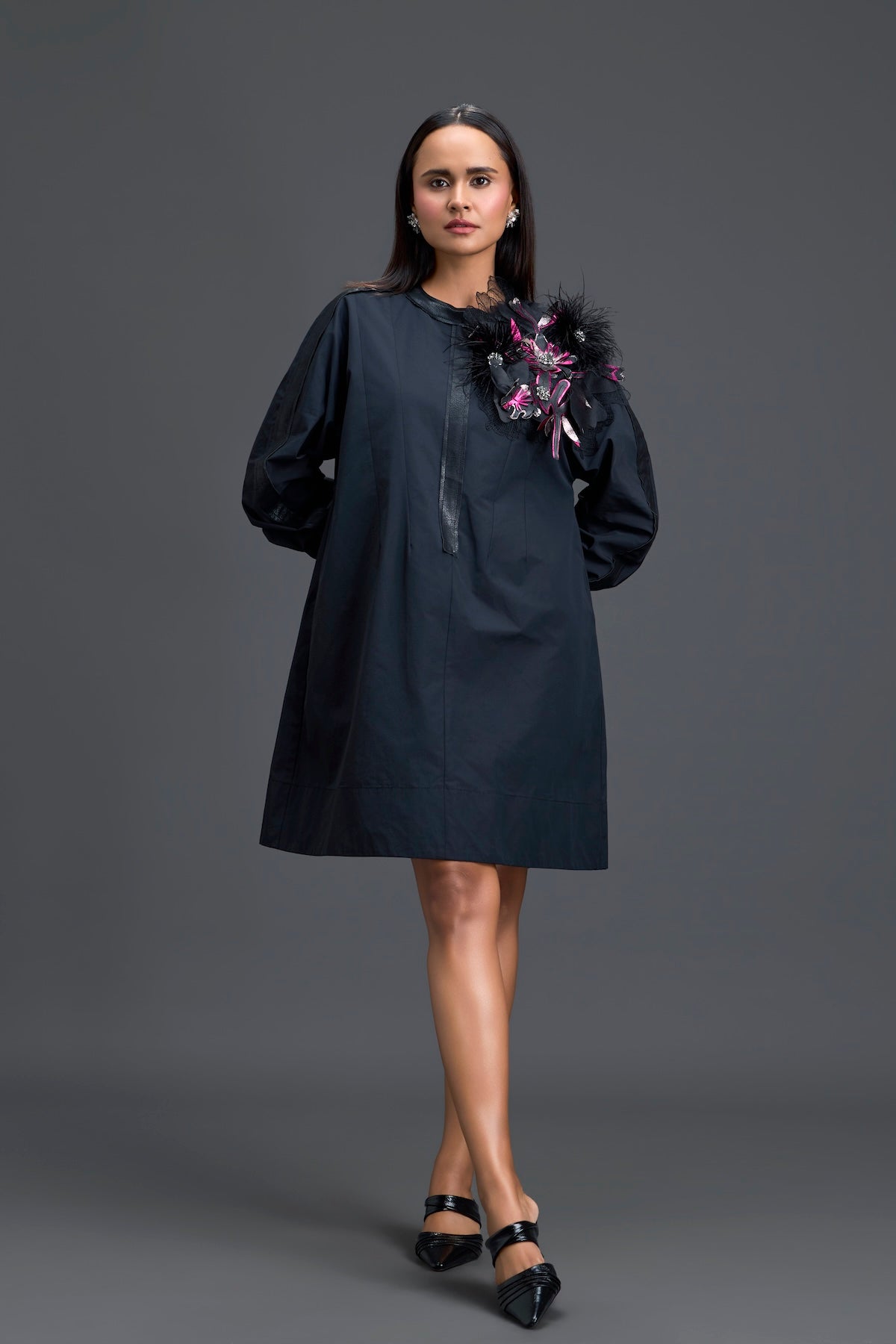 Black Feather Crystal Shoulder Detail Dress