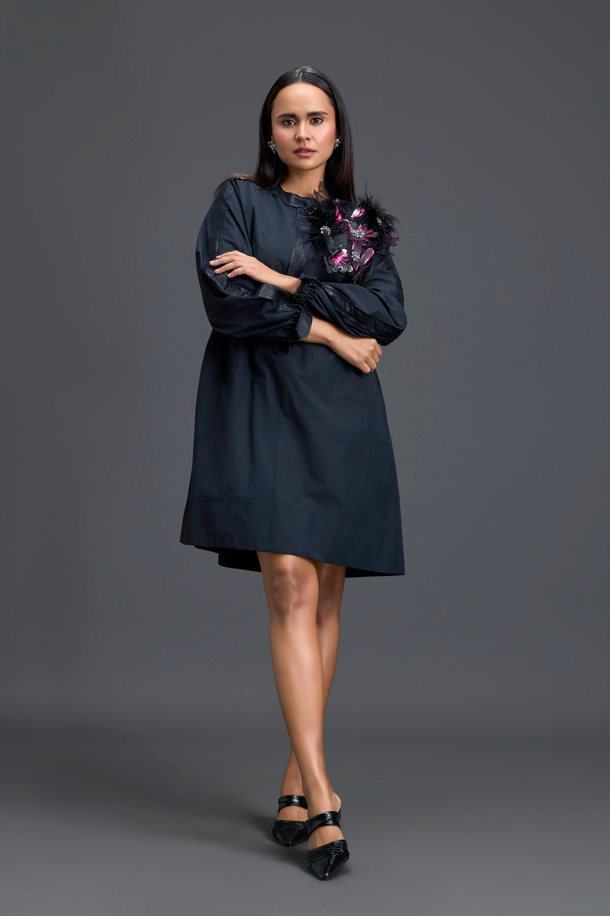 Black Feather Crystal Shoulder Detail Dress