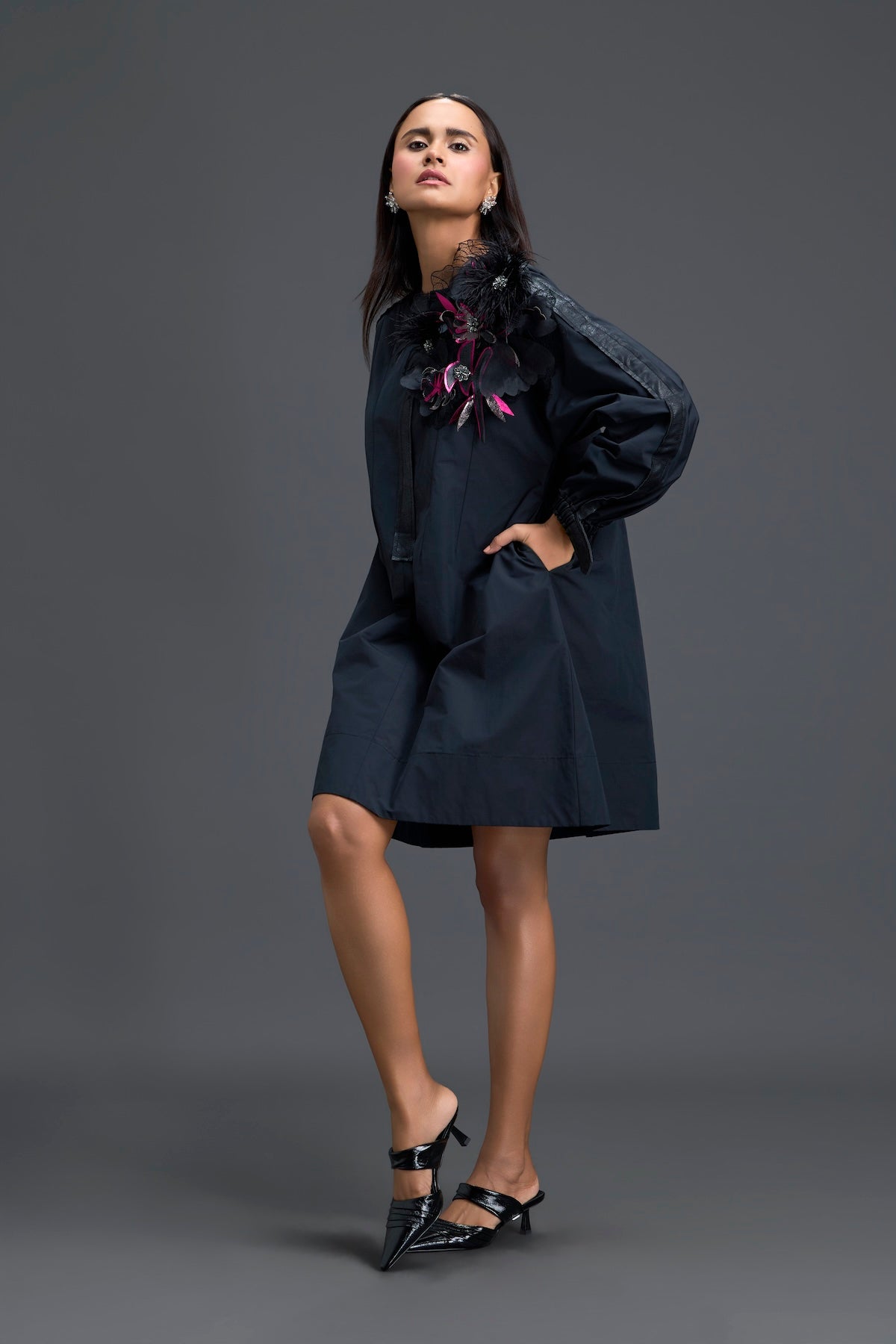 Black Feather Crystal Shoulder Detail Dress