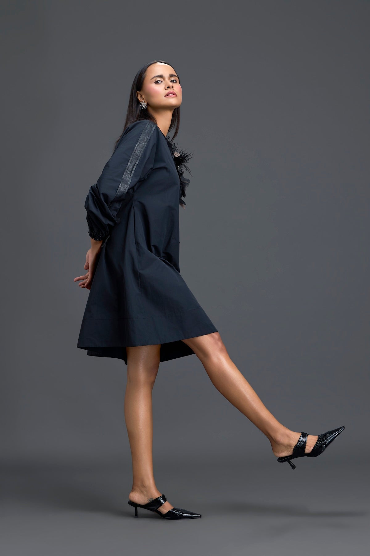 Black Feather Crystal Shoulder Detail Dress
