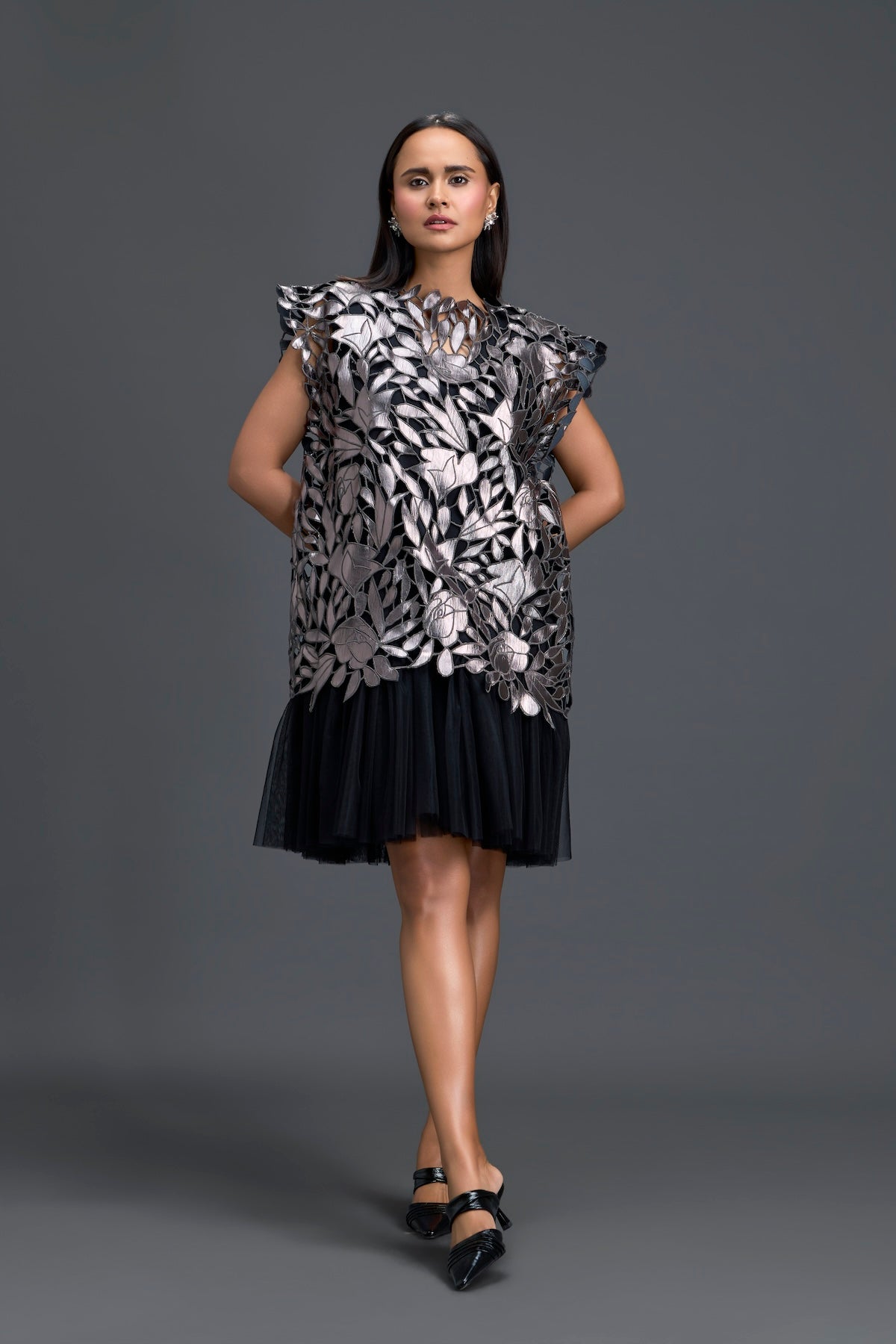 Black Tulle Dress with Metallic Floral Appliqué