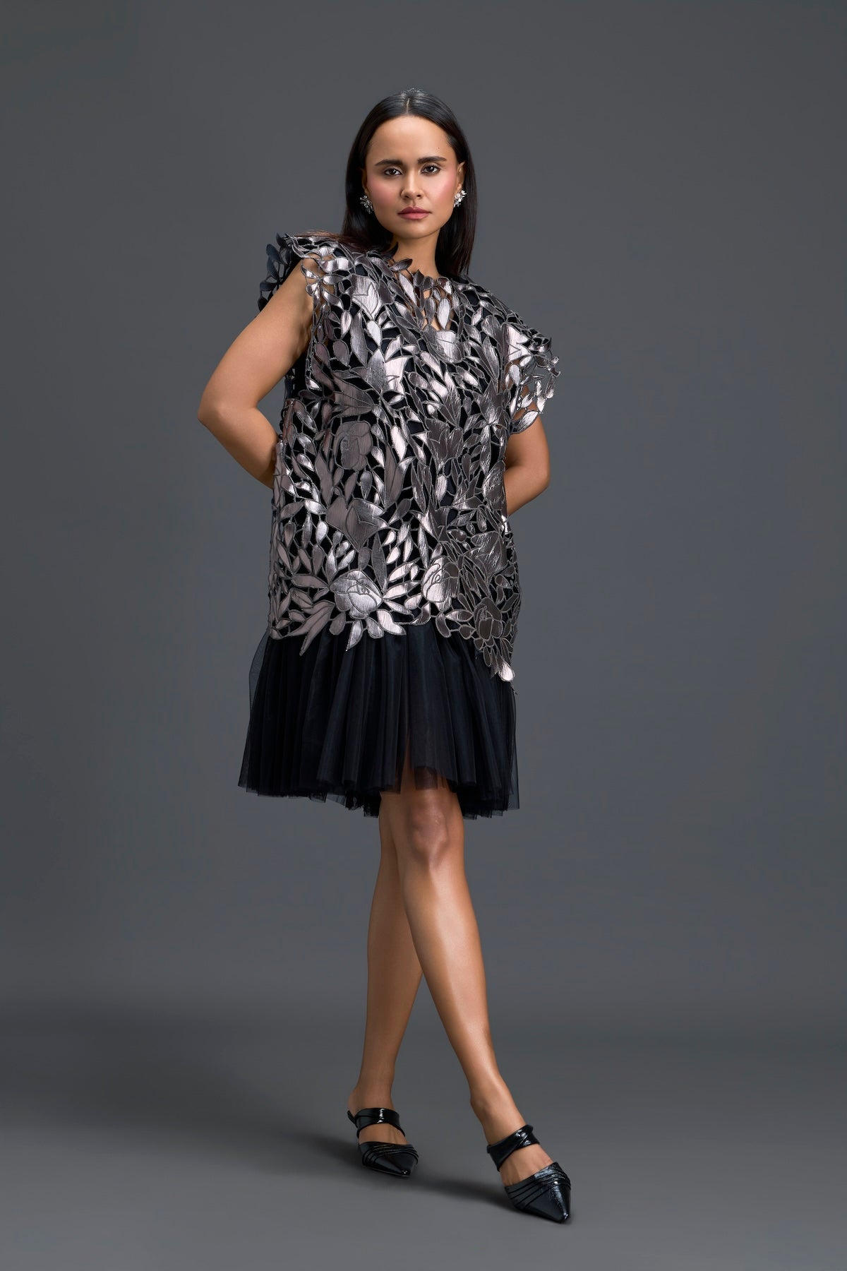 Black Tulle Dress with Metallic Floral Appliqué