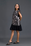 Load image into Gallery viewer, Black Tulle Dress with Metallic Floral Appliqué
