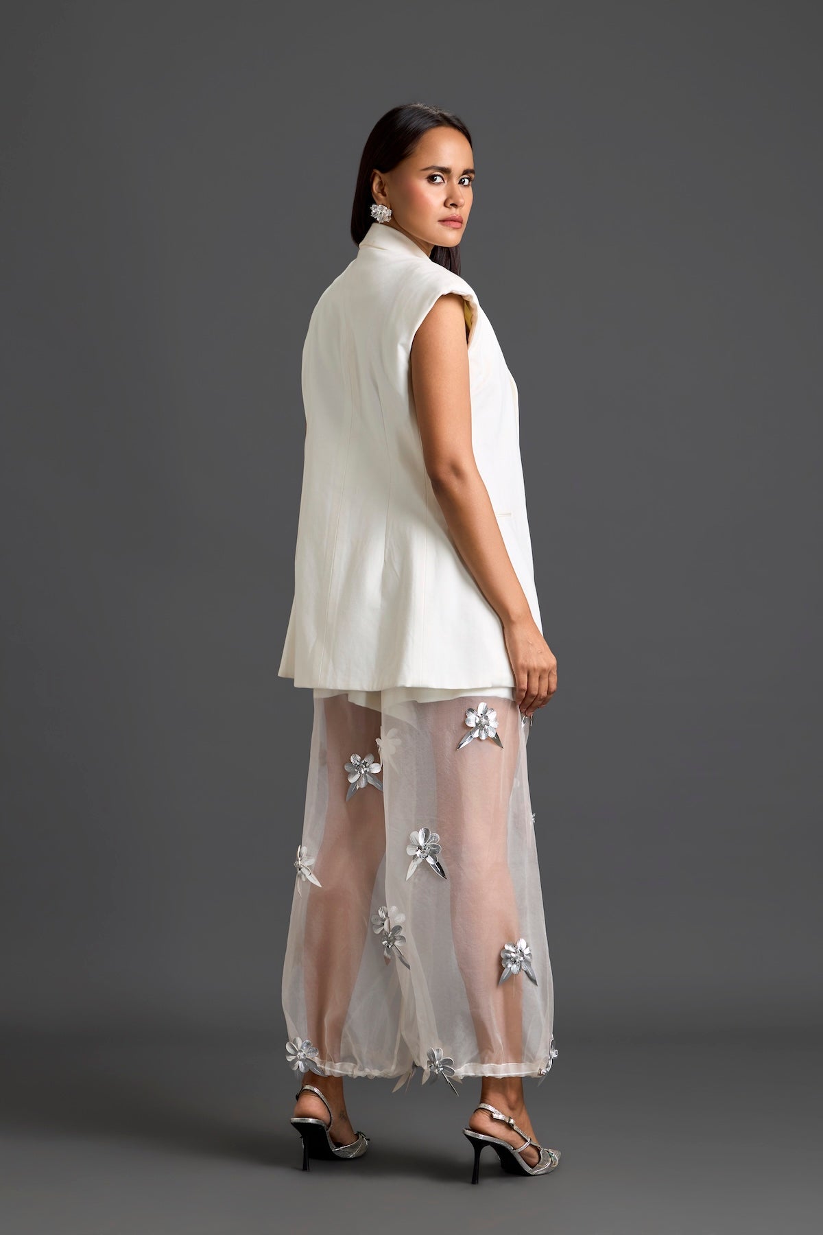 White Blazer Shorts and Floral Organza Pants Set
