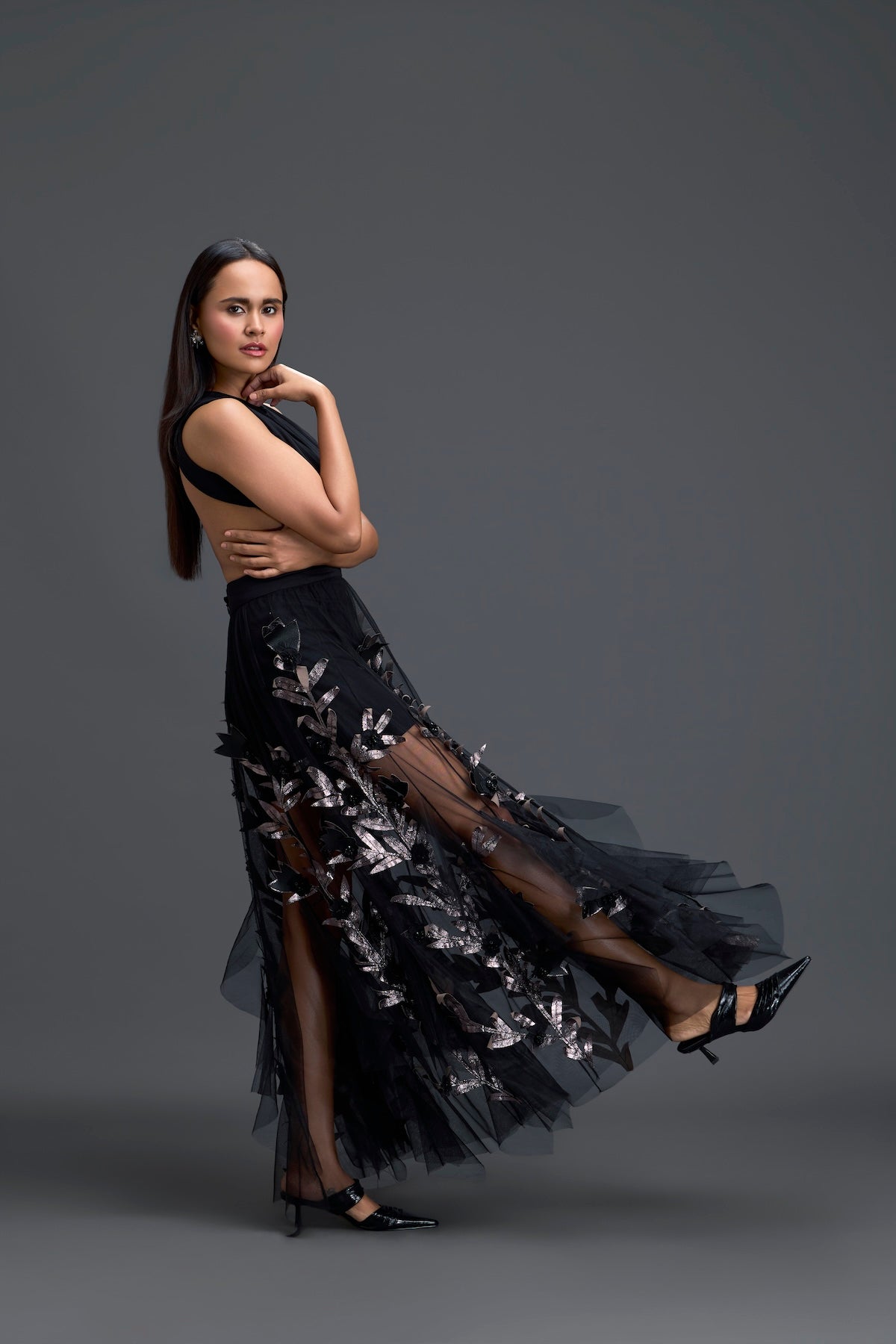 Black Cutout Top and Metallic Leaf Tulle Skirt Set