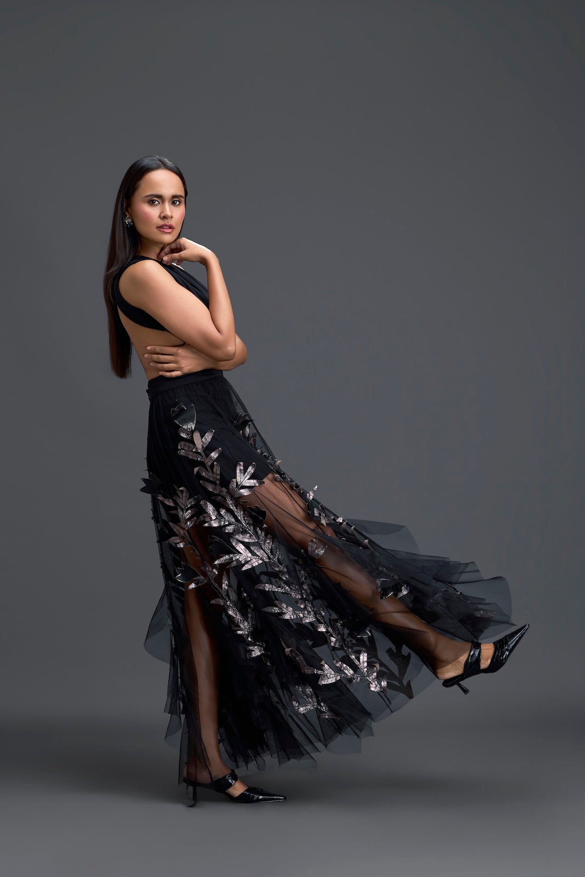 Black Cutout Top and Metallic Leaf Tulle Skirt Set
