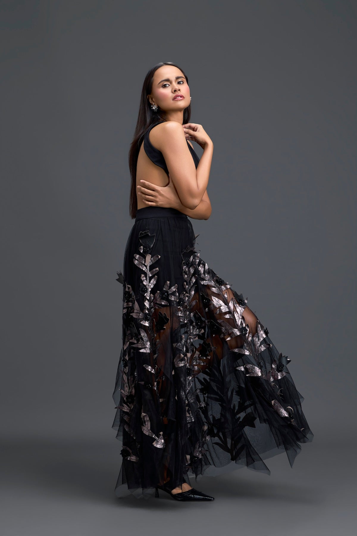 Black Cutout Top and Metallic Leaf Tulle Skirt Set