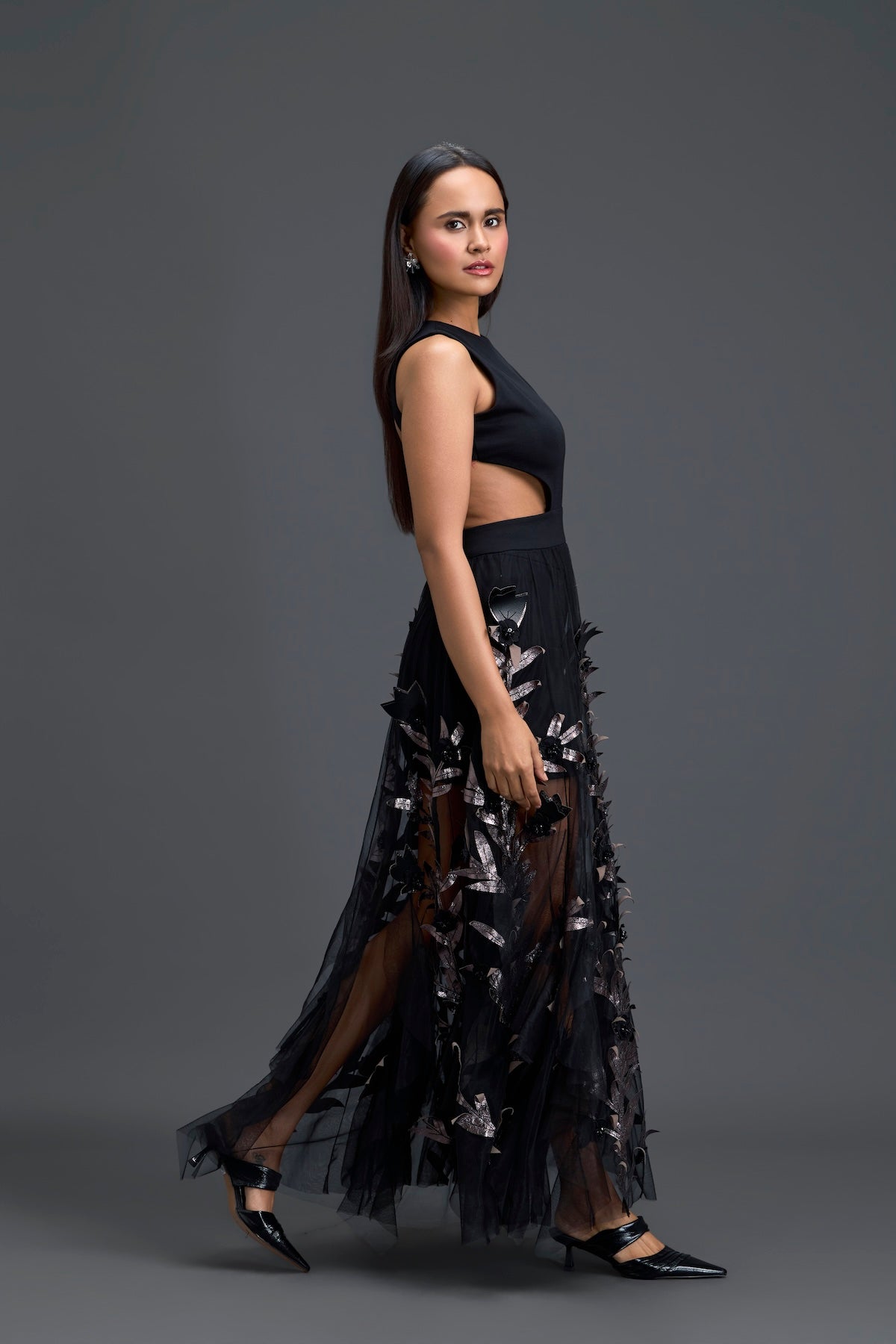 Black Cutout Top and Metallic Leaf Tulle Skirt Set