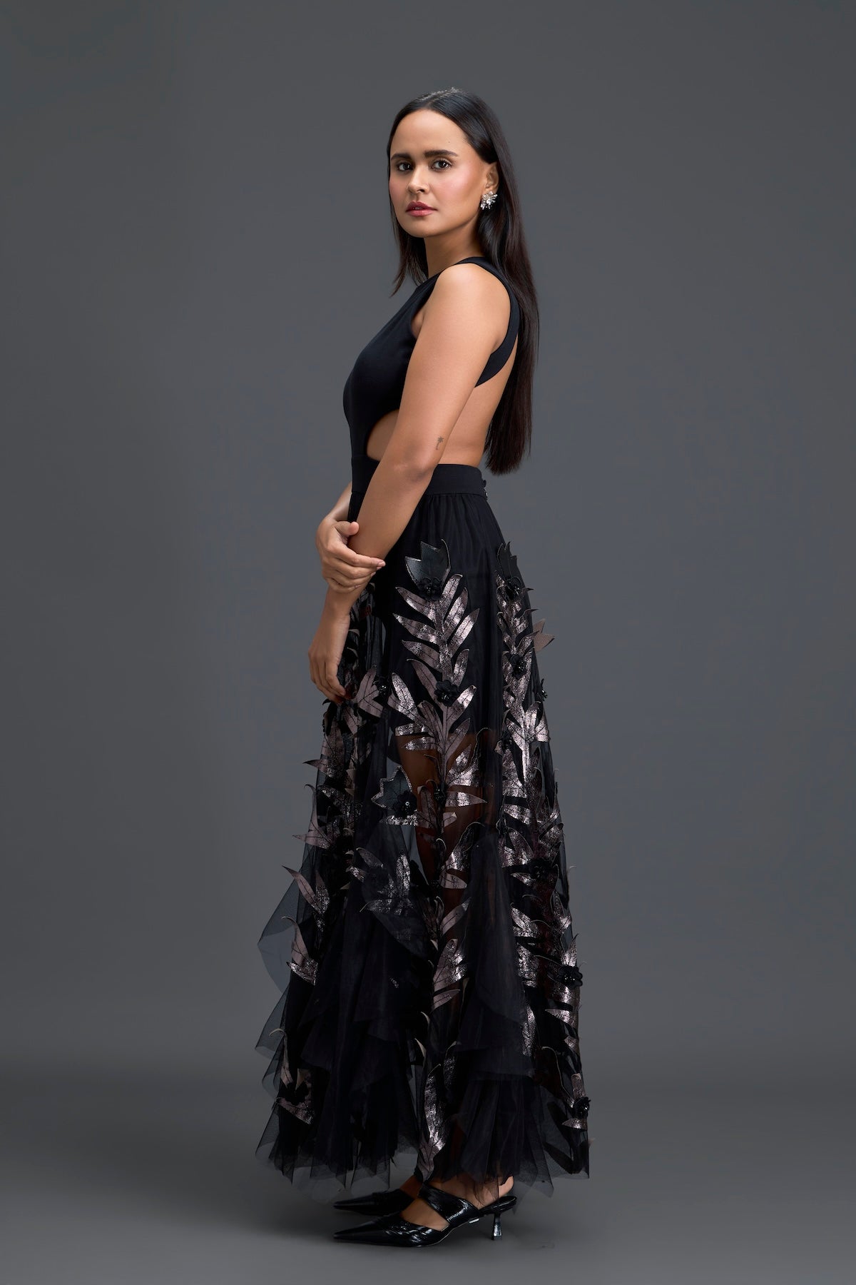 Black Cutout Top and Metallic Leaf Tulle Skirt Set